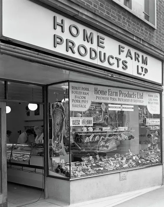 Framed Print : Home Farm Products Ltd butchers shop front, Sheffield, South Yorkshire, 1966. Artist Framed Print : Home Farm Products Ltd butchers shop front, Sheffield, South Yorkshire, 1966. Artist