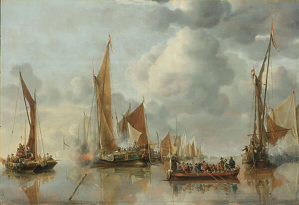 The Home Fleet Saluting the State Barge, 1650. Creator: Jan van de Cappelle