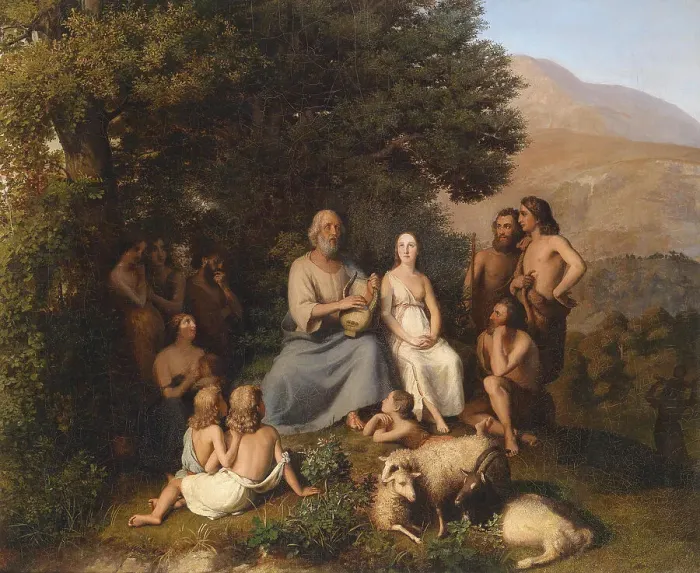 Framed Print : Homer sings in a circle of young Greeks, 19th century. Creator: Becker, Carl Ludwig Friedrich (1820-1900) Framed Print : Homer sings in a circle of young Greeks, 19th century. Creator: Becker, Carl Ludwig Friedrich (1820-1900)