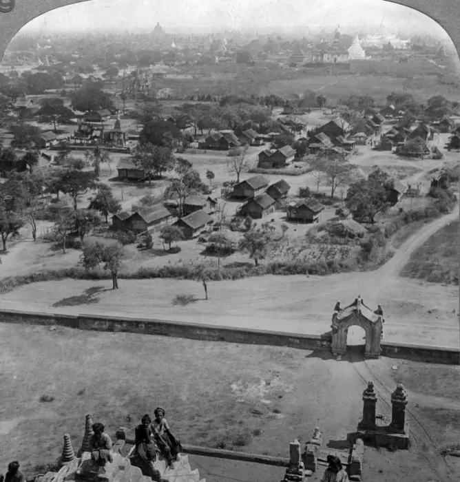 Framed Print : Homes of the people, from the roof of the old Guadapalin Pagoda, Pagan, Burma, c1900s(?)Artist: Underwood & Underwood Framed Print : Homes of the people, from the roof of the old Guadapalin Pagoda, Pagan, Burma, c1900s(?)Artist: Underwood & Underwood