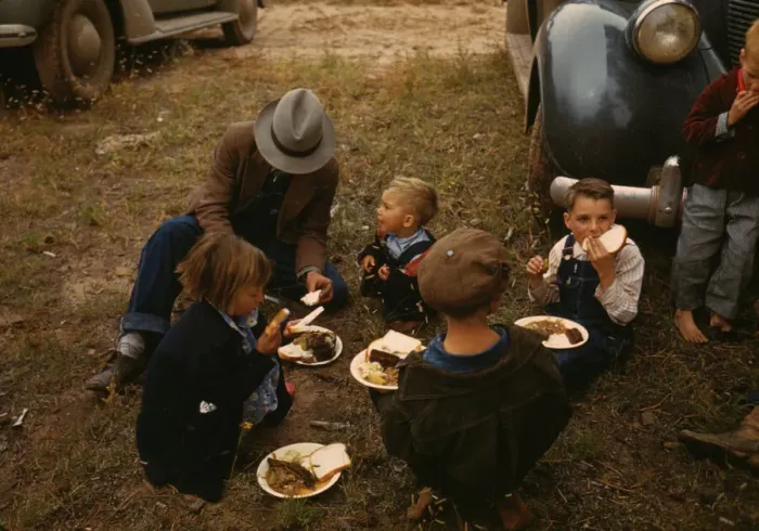 Framed Print : Homesteader and his children eating barbeque at the Pie Town, New Mexico Fair, 1940. Creator: Russell Lee Framed Print : Homesteader and his children eating barbeque at the Pie Town, New Mexico Fair, 1940. Creator: Russell Lee