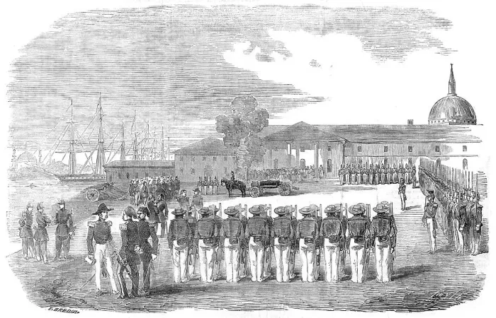 Framed Print : Honours paid to the remains of Captain Hyde Parker, by the English, French and Turkish... 1854. Creator: Smyth Framed Print : Honours paid to the remains of Captain Hyde Parker, by the English, French and Turkish... 1854. Creator: Smyth
