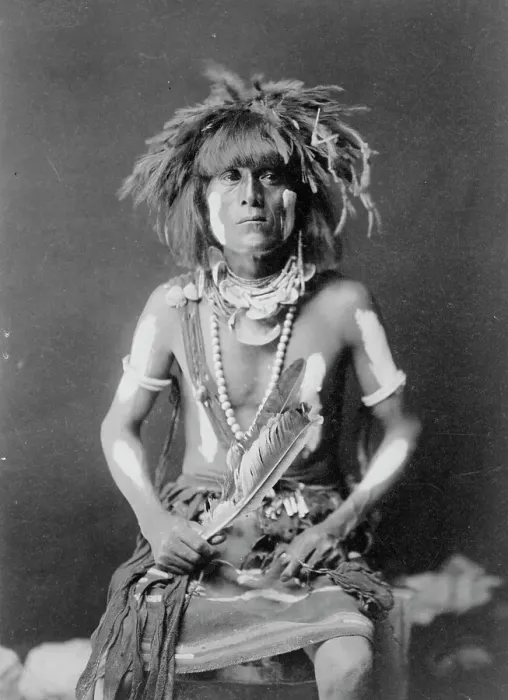 Framed Print : Honovi-Walpi snake priest, with Totkya Day painting, c1910. Creator: Edward Sheriff Curtis Framed Print : Honovi-Walpi snake priest, with Totkya Day painting, c1910. Creator: Edward Sheriff Curtis
