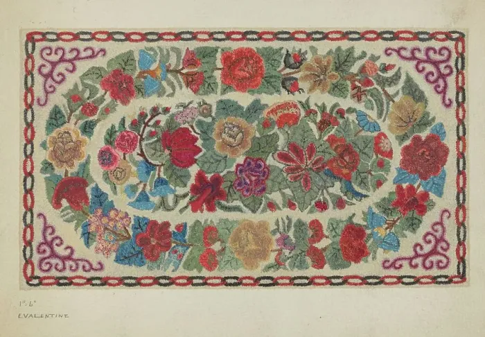 Framed Print : Hooked Rug, c. 1936. Creator: Elizabeth Valentine Framed Print : Hooked Rug, c. 1936. Creator: Elizabeth Valentine