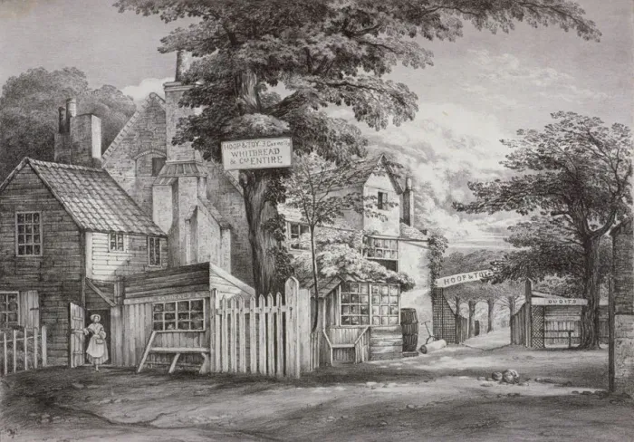 Framed Print : The Hoop and Toy Inn on Brompton Road, Kensington, London, c1820 Framed Print : The Hoop and Toy Inn on Brompton Road, Kensington, London, c1820