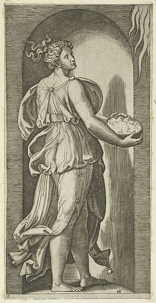 Hope personified as a woman standing in a niche facing right, holding a container o... ca. 1515-25. Creator: Marcantonio Raimondi