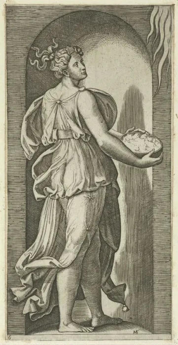 Framed Print : Hope personified as a woman standing in a niche facing right, holding a container o... ca. 1515-25. Creator: Marcantonio Raimondi Framed Print : Hope personified as a woman standing in a niche facing right, holding a container o... ca. 1515-25. Creator: Marcantonio Raimondi