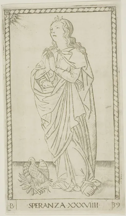 Framed Print : Hope, plate 39 from Genii and Virtues, c.1465. Creator: Unknown Framed Print : Hope, plate 39 from Genii and Virtues, c.1465. Creator: Unknown