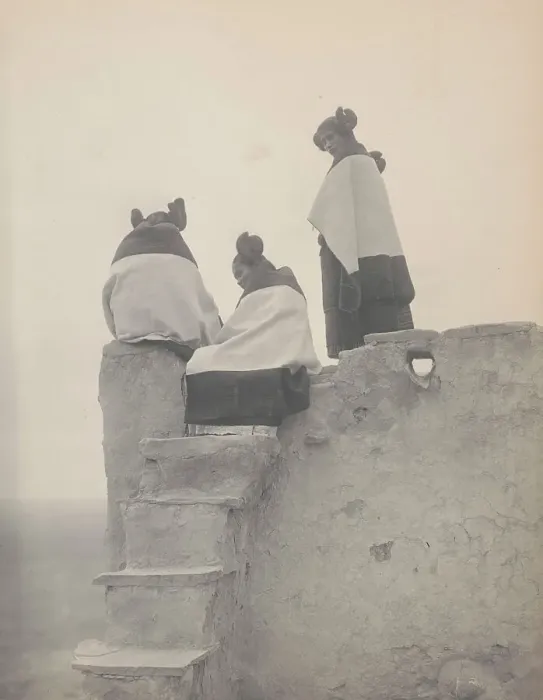 Framed Print : Three Hopi women at top of adobe steps, New Mexico, 1906, c1906. Creator: Edward Sheriff Curtis Framed Print : Three Hopi women at top of adobe steps, New Mexico, 1906, c1906. Creator: Edward Sheriff Curtis