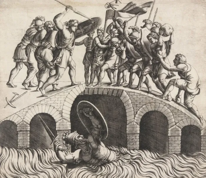 Framed Print : Horatio Cocles Saving Himself by Swimming, 16th century. Creator: Diana Mantuana Framed Print : Horatio Cocles Saving Himself by Swimming, 16th century. Creator: Diana Mantuana