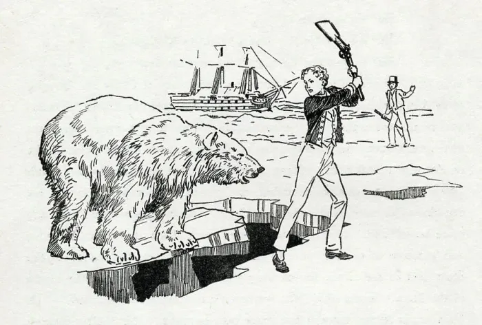 Framed Print : Horatio Nelson confronts a polar bear in the Arctic, c1900. Creator: Howard Davie Framed Print : Horatio Nelson confronts a polar bear in the Arctic, c1900. Creator: Howard Davie