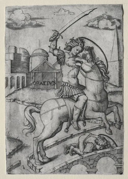 Framed Print : Horatius Cocles Defending the Sublician Bridge. Creator: Marcantonio Raimondi (Italian Framed Print : Horatius Cocles Defending the Sublician Bridge. Creator: Marcantonio Raimondi (Italian