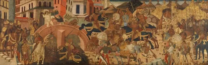Framed Print : Horatius Cocles Defending the Sublician Bridge, c.1450. Creator: Anon Framed Print : Horatius Cocles Defending the Sublician Bridge, c.1450. Creator: Anon