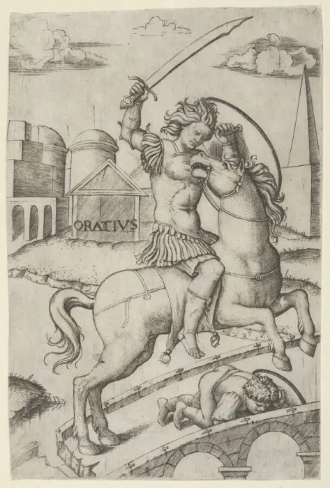Framed Print : Horatius Cocles on horseback, trampling a fallen soldier, ca. 1510-27. Creator: Marcantonio Raimondi Framed Print : Horatius Cocles on horseback, trampling a fallen soldier, ca. 1510-27. Creator: Marcantonio Raimondi