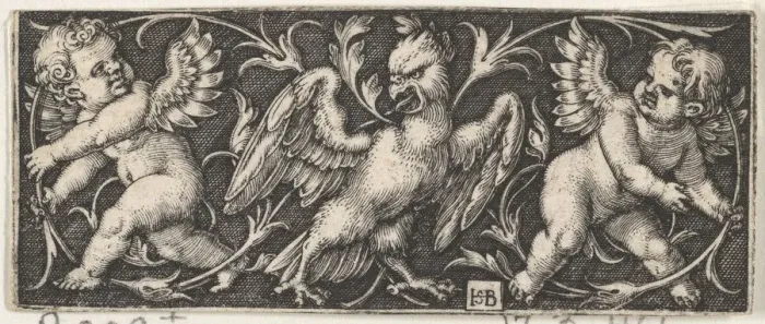 Framed Print : Horizontal Panel with an Eagle Flanked by Two Genii, 1544. Creator: Sebald Beham Framed Print : Horizontal Panel with an Eagle Flanked by Two Genii, 1544. Creator: Sebald Beham