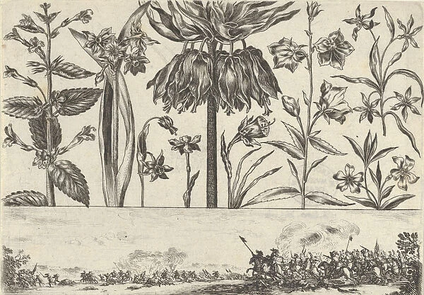 Horizontal Panel with a Row of Flowers Above a Frieze with a Battle Scene in a Landscape