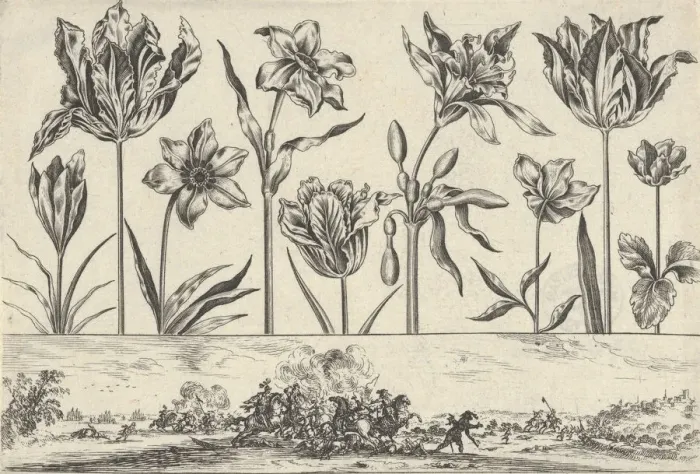 Framed Print : Horizontal Panel with a Row of Flowers Above a Frieze with a Battle Scene in a Landscape Framed Print : Horizontal Panel with a Row of Flowers Above a Frieze with a Battle Scene in a Landscape