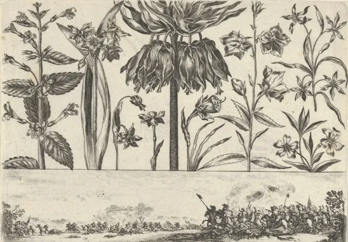 Framed Print : Horizontal Panel with a Row of Flowers Above a Frieze with a Battle Scene in a Landscape Framed Print : Horizontal Panel with a Row of Flowers Above a Frieze with a Battle Scene in a Landscape