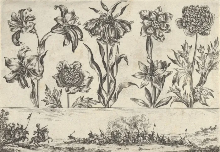 Framed Print : Horizontal Panel with a Row of Flowers Above a Frieze with a Battle Scene in a Landscape Framed Print : Horizontal Panel with a Row of Flowers Above a Frieze with a Battle Scene in a Landscape