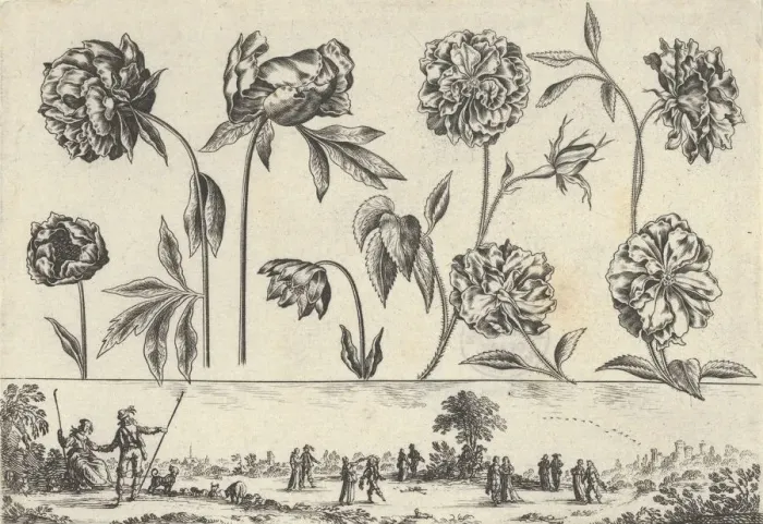 Framed Print : Horizontal Panel with a Row of Flowers Above a Frieze with Figures in a Landscape Framed Print : Horizontal Panel with a Row of Flowers Above a Frieze with Figures in a Landscape