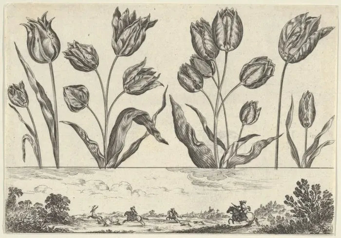 Framed Print : Horizontal Panel with a Row of Flowers Above a Frieze with a Hunting Scene in a Landscape Framed Print : Horizontal Panel with a Row of Flowers Above a Frieze with a Hunting Scene in a Landscape