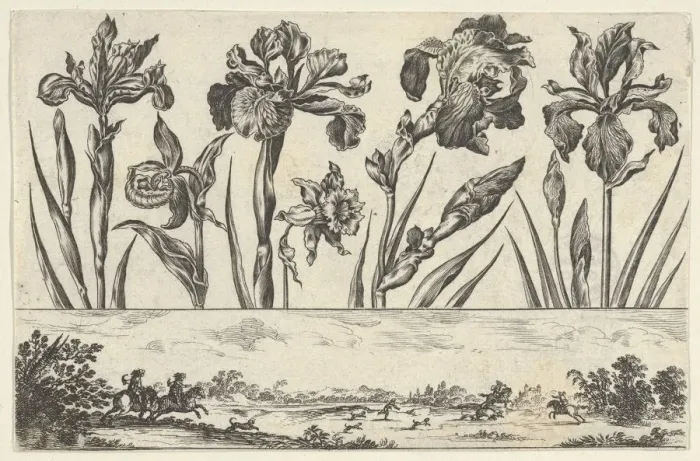 Framed Print : Horizontal Panel with a Row of Flowers Above a Frieze with a Hunting Scene in a Landscape Framed Print : Horizontal Panel with a Row of Flowers Above a Frieze with a Hunting Scene in a Landscape