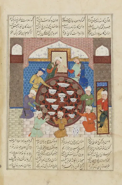 Framed Print : Hormuz Forces His High Priest to Eat Poisoned Food... c1485-1495. Creators: Unknown, Ferdowsi Framed Print : Hormuz Forces His High Priest to Eat Poisoned Food... c1485-1495. Creators: Unknown, Ferdowsi