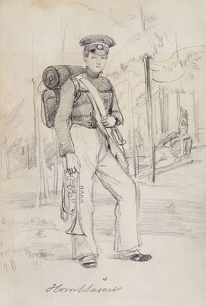 'Horn Blower'. Young soldier with pack and instruments. (c1850s). Creator: Fritz von Dardel. 'Horn Blower'. Young soldier with pack and instruments. (c1850s). Creator: Fritz von Dardel