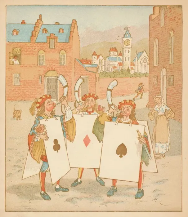 Framed Print : Horn-blowers wearing playing cards, 1880. Creator: Randolph Caldecott Framed Print : Horn-blowers wearing playing cards, 1880. Creator: Randolph Caldecott