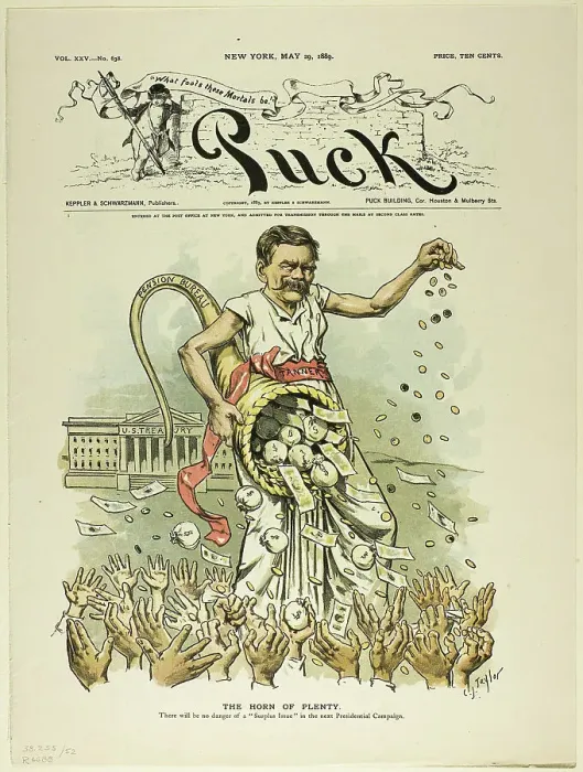 Framed Print : The Horn of Plenty, from Puck, published May 29, 1889. Creator: Charles Jay Taylor Framed Print : The Horn of Plenty, from Puck, published May 29, 1889. Creator: Charles Jay Taylor