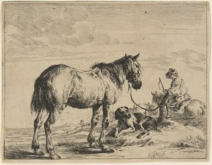 Framed Print : A Horse Bound to a Post with a Reclining Dog, 1651. Creator: Dirck Stoop Framed Print : A Horse Bound to a Post with a Reclining Dog, 1651. Creator: Dirck Stoop