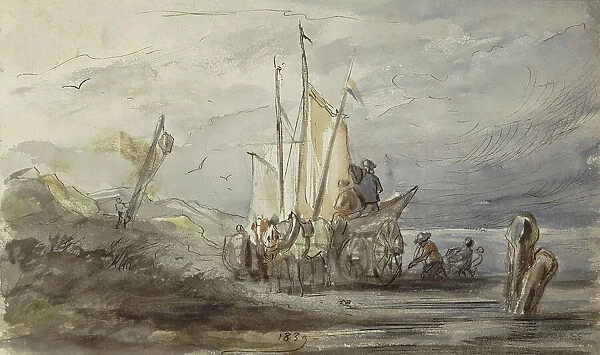 Horse and carriage on a shore near a sailing ship, 1839. Creator: Johannes Tavenraat
