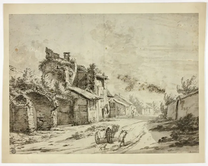 Framed Print : Horse, Cart and Peasants on Road by Old Houses, n.d. Creator: Pieter Mulier the younger Framed Print : Horse, Cart and Peasants on Road by Old Houses, n.d. Creator: Pieter Mulier the younger