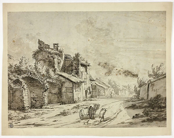 Horse, Cart and Peasants on Road by Old Houses, n.d. Creator: Pieter Mulier the younger