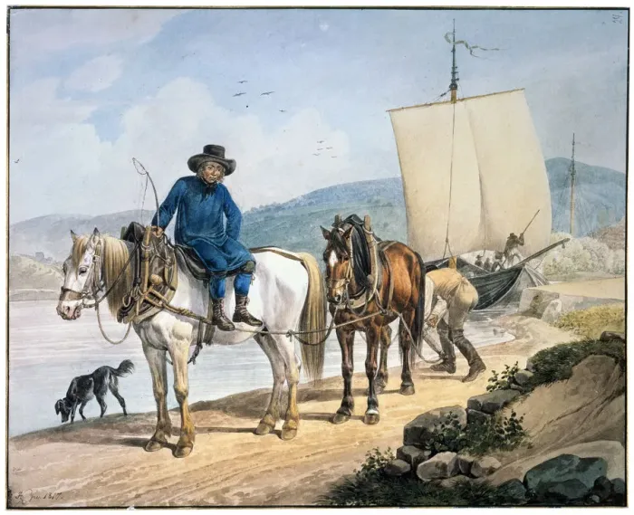 Framed Print : A Horse And Cart at the River, 1817. Artist: Johann Adam Klein Framed Print : A Horse And Cart at the River, 1817. Artist: Johann Adam Klein
