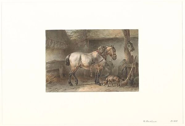 Horse and dog in a stable, 1851-1921. Creator: Wouter Verschuur