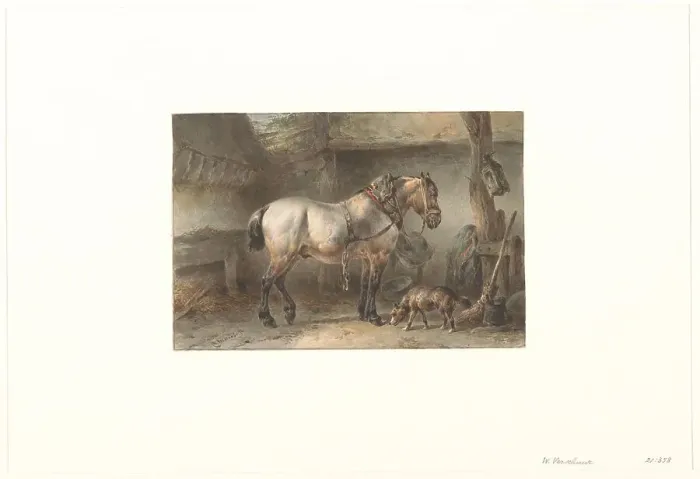 Framed Print : Horse and dog in a stable, 1851-1921. Creator: Wouter Verschuur Framed Print : Horse and dog in a stable, 1851-1921. Creator: Wouter Verschuur