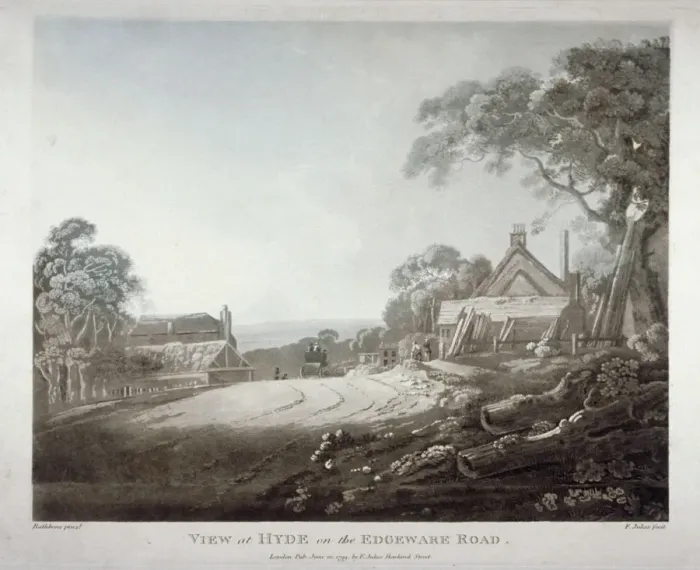 Framed Print : A horse-drawn carriage disappearing over a hill on the Edgware Road, London, 1799