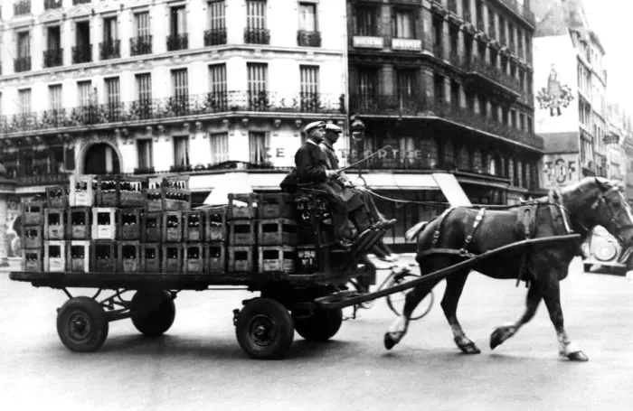 Framed Print : Horse-drawn cart carrying crates of drink, German-occupied Paris, July 1940 Framed Print : Horse-drawn cart carrying crates of drink, German-occupied Paris, July 1940