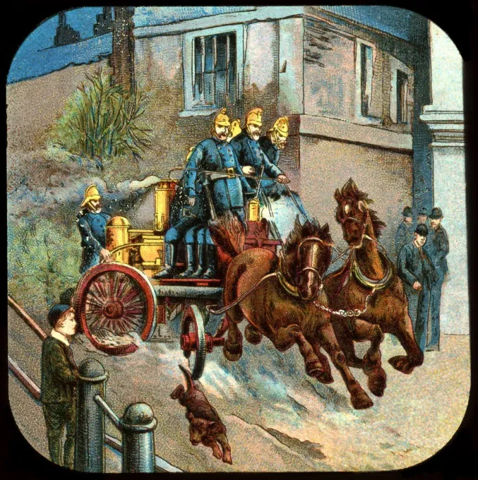 Framed Print : Horse-drawn fire engine, c19th century