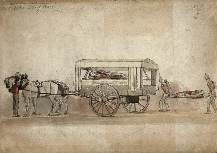 Framed Print : A horse-drawn military ambulance, c1850, with one patient being carried on a stretcher, 1850. Creator: Unknown Framed Print : A horse-drawn military ambulance, c1850, with one patient being carried on a stretcher, 1850. Creator: Unknown