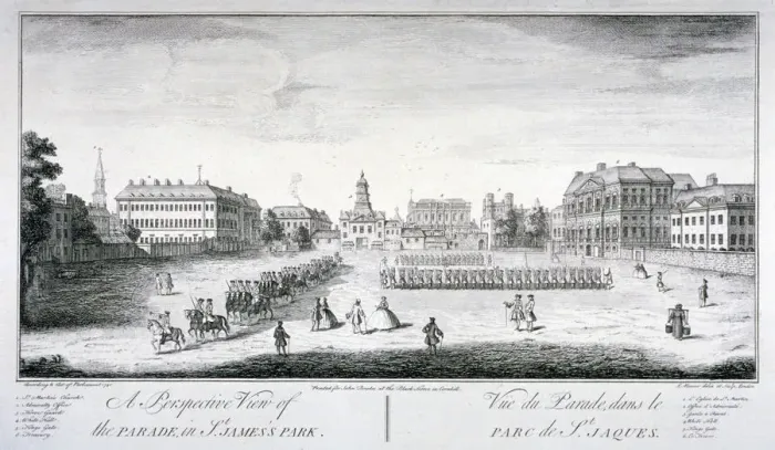 Framed Print : Horse Guards Parade from St Jamess Park, Westminster, London, 1740. Artist: John Maurer Framed Print : Horse Guards Parade from St Jamess Park, Westminster, London, 1740. Artist: John Maurer