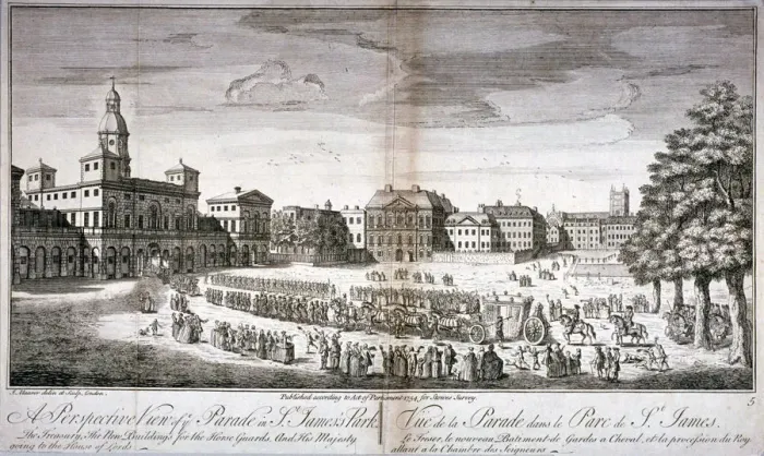 Framed Print : Horse Guards Parade, Westminster, London, 1754. Artist: John Maurer Framed Print : Horse Guards Parade, Westminster, London, 1754. Artist: John Maurer