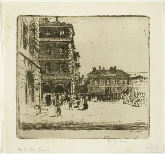 Framed Print : The Horse Guards, plate four from the London Set, 1899. Creator: David Young Cameron Framed Print : The Horse Guards, plate four from the London Set, 1899. Creator: David Young Cameron