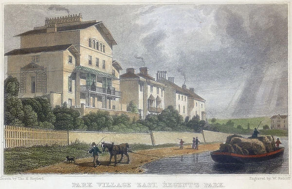 Horse hauling a barge on the Regents Canal at Park Village East, London, 1829. Artist: W Radcliff