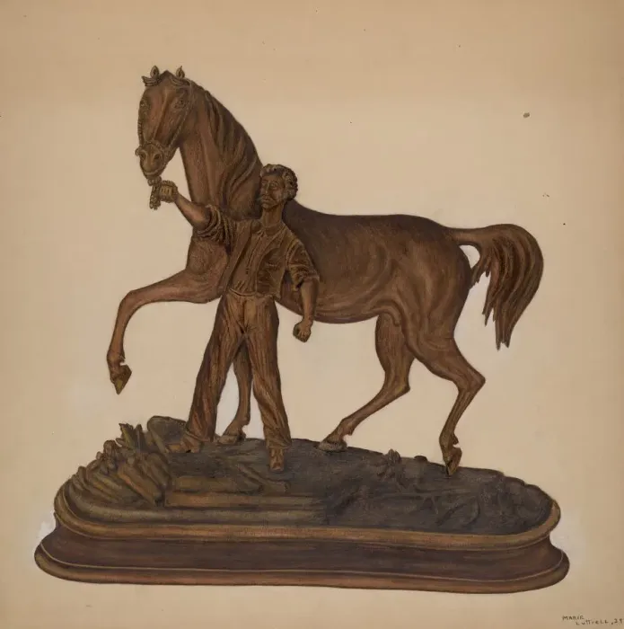 Framed Print : Horse and Man Woodcarving, 1939. Creator: Marie Lutrell Framed Print : Horse and Man Woodcarving, 1939. Creator: Marie Lutrell