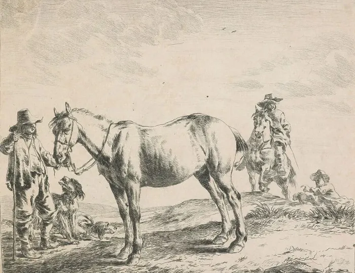 Framed Print : Horse, peasant, man and two dogs, 1651. Creator: Dirck Stoop Framed Print : Horse, peasant, man and two dogs, 1651. Creator: Dirck Stoop