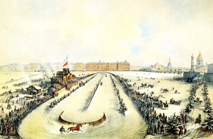 Framed Print : Horse racing on the frozen Neva River in St Petersburg, Russia, 1859. Artist: Iosif Adolfovich Charlemagne Framed Print : Horse racing on the frozen Neva River in St Petersburg, Russia, 1859. Artist: Iosif Adolfovich Charlemagne