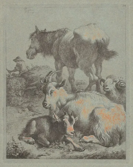 Framed Print : Horse, Ram, Goat with Kid; In the Distance a Shepherd with Flock, 1759 Framed Print : Horse, Ram, Goat with Kid; In the Distance a Shepherd with Flock, 1759