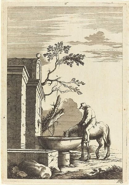 Horse and Rider at a Fountain, c. 1650. Creator: Bernhard Zaech
